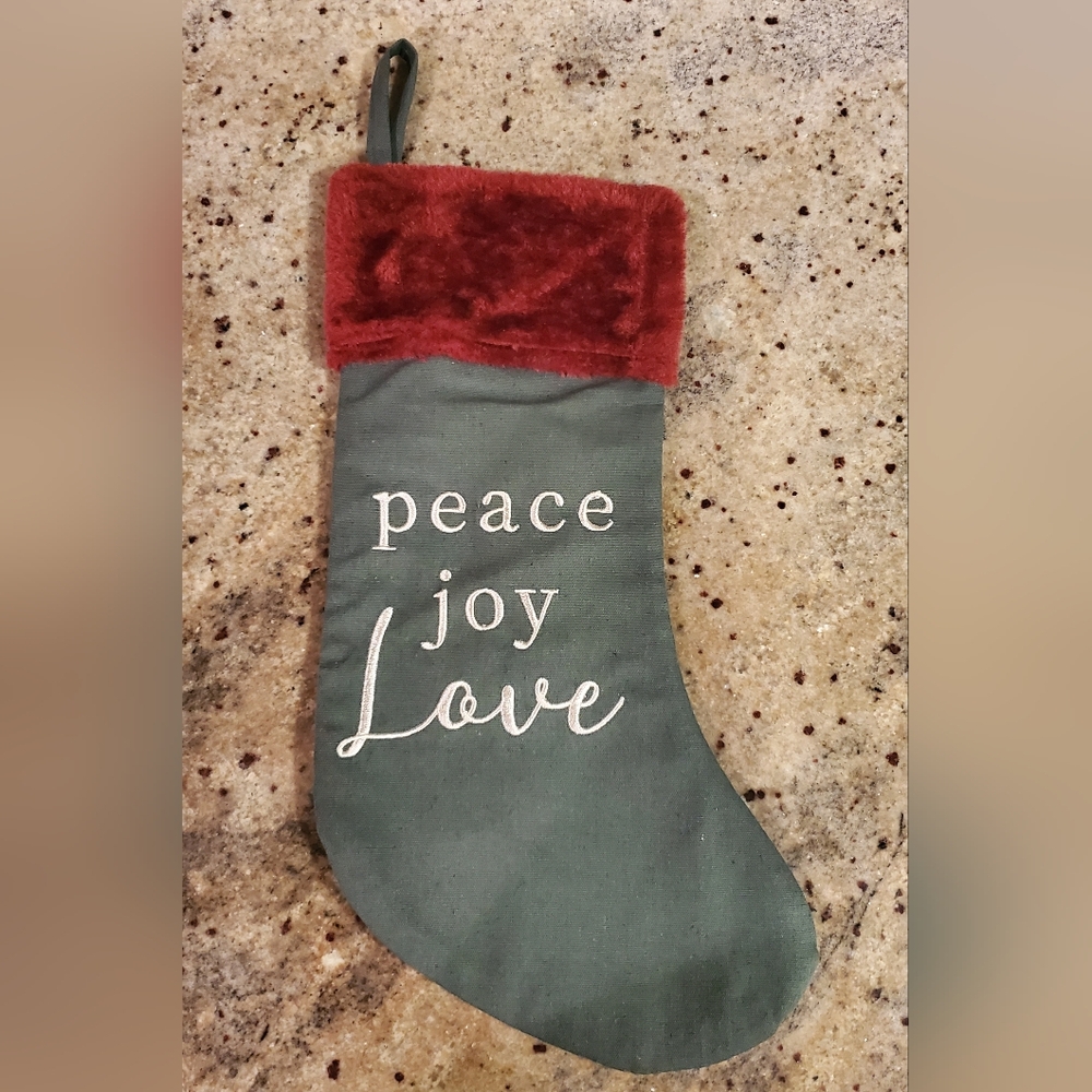 Peace Joy Love 18" Christmas Stocking Olive Green with Red Fur‎ Trim Soft inside